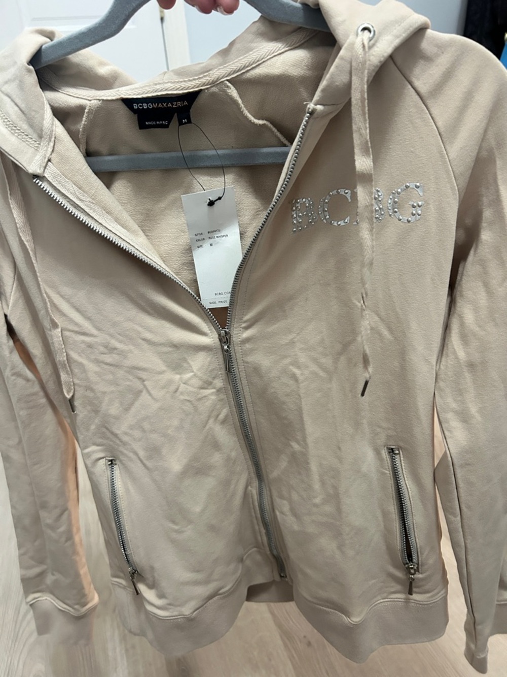 BCBGMaxAzria Beige Rhinestone Logo Zip Hoodie